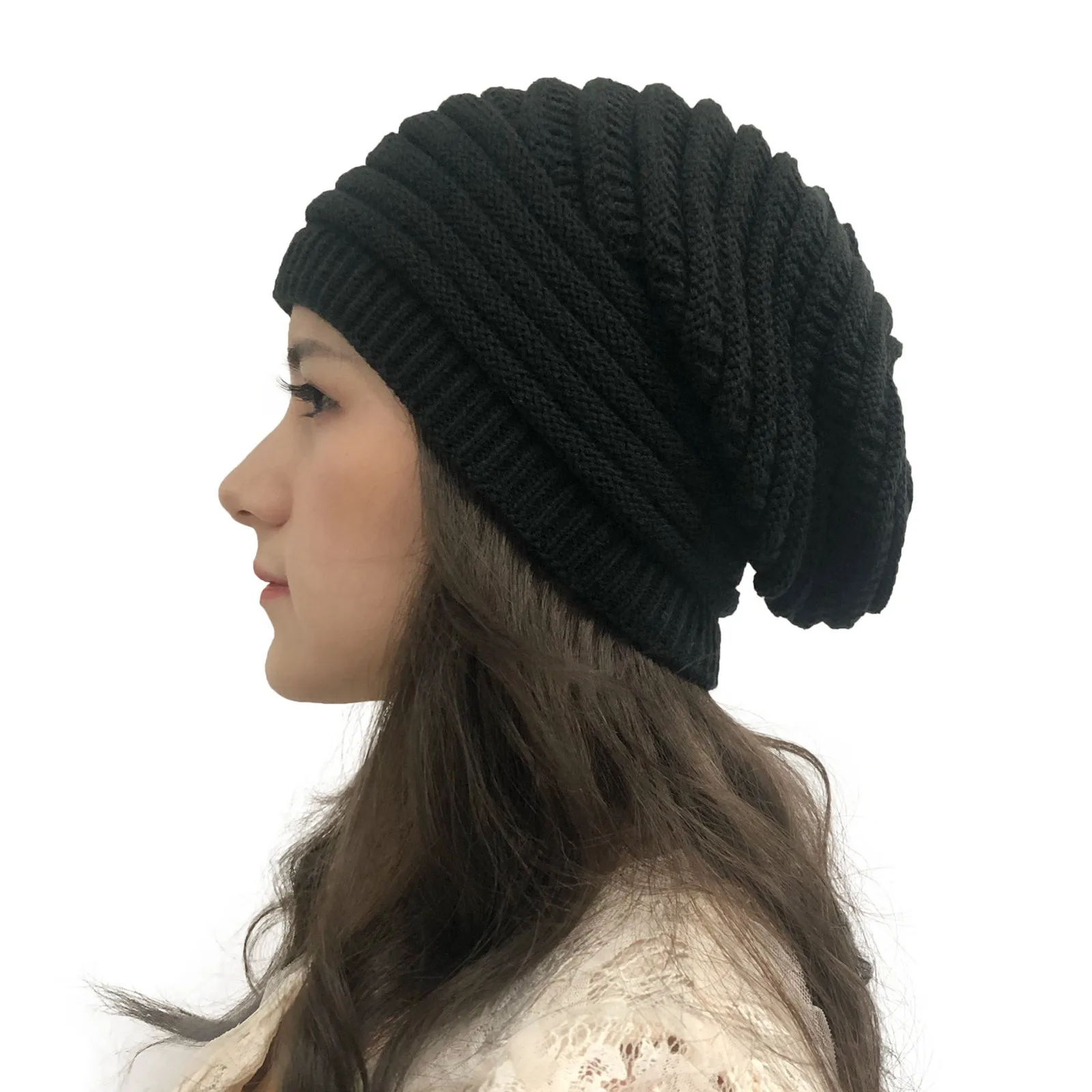 Women Hat, Women Fashion Winter Warm Hat Girls Crochet Wool Knit Warm Caps Knit Hat Style Stretch Trendy Ribbed Chunky Cap