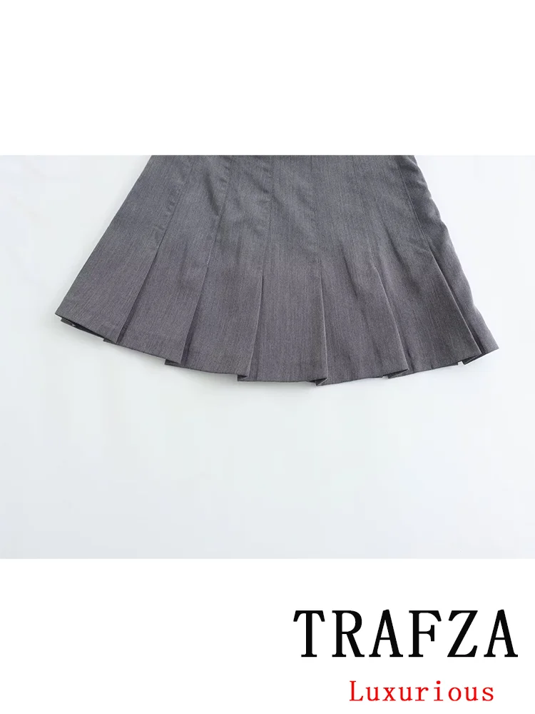 TRAFZA Casual Vintage Chic Women Mini Skirt Solid Zipper Straight Folds Skirt New Fashion 2024 Spring Summer Holiday Skirt