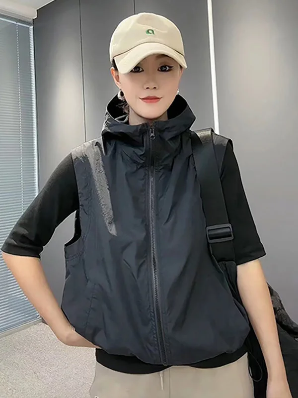 

Summer New Sle Women's Casual Thin Breathable Pure Color Slimming Faionable Hooded Vest Sun Protection Outerwear Jaet
