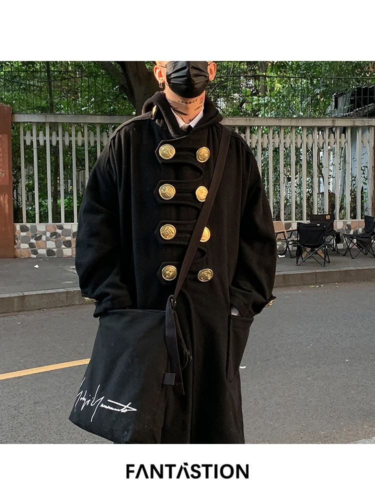 

FANTASTION Original design big golden buttons jacket Hooded Woolen Thickened warm Overcoat Jackets black wool blends tops