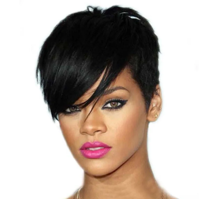 Parrucca per capelli corti lisci in fibra sintetica nera per spettacoli teatrali da donna realizzata in seta resistente alle alte temperature