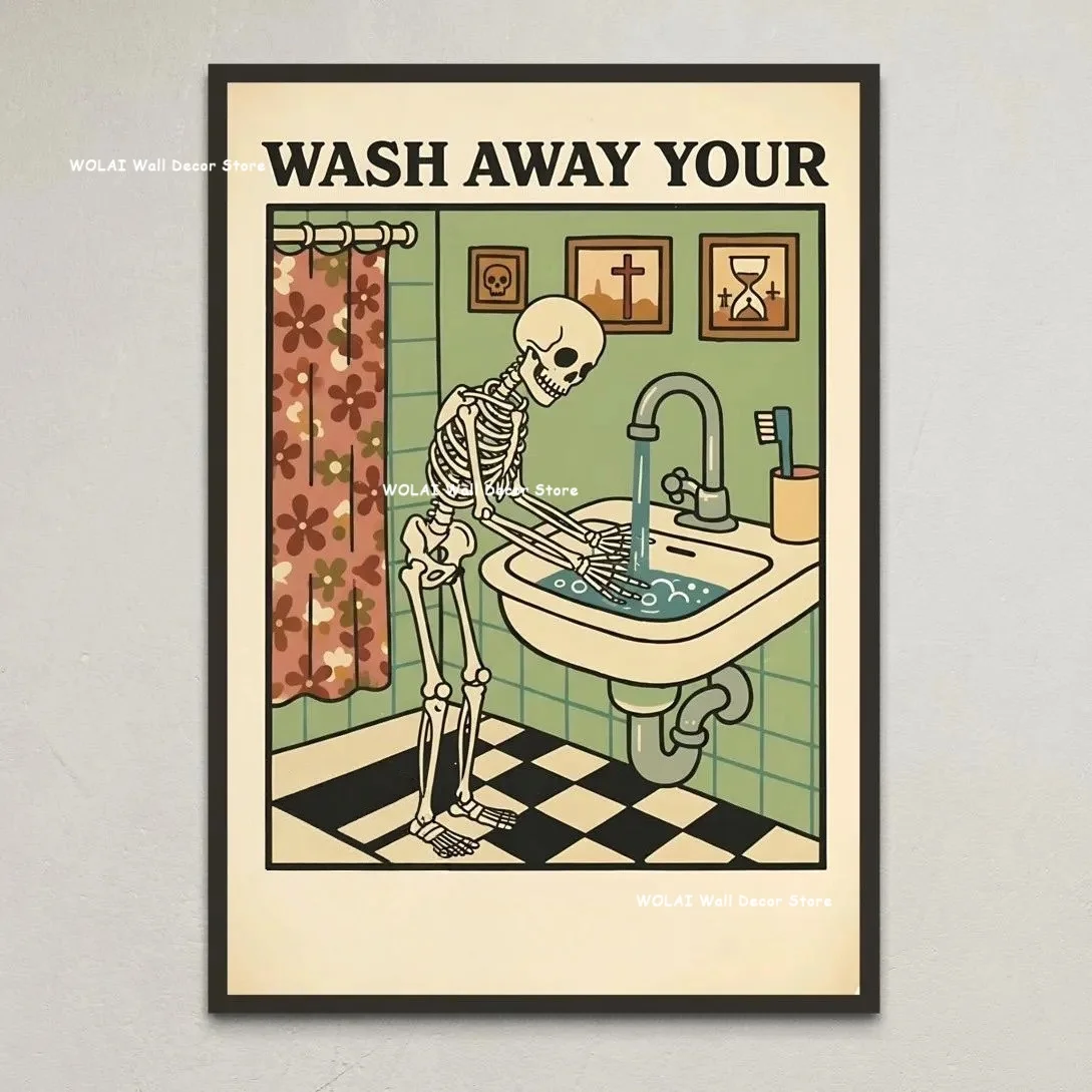 Funny Skeleton Bathroom Canvas Poster Halloween Gothic Pumpkin & Washing Your Hands Toilet Wall Art Poster for Modern Home Decor