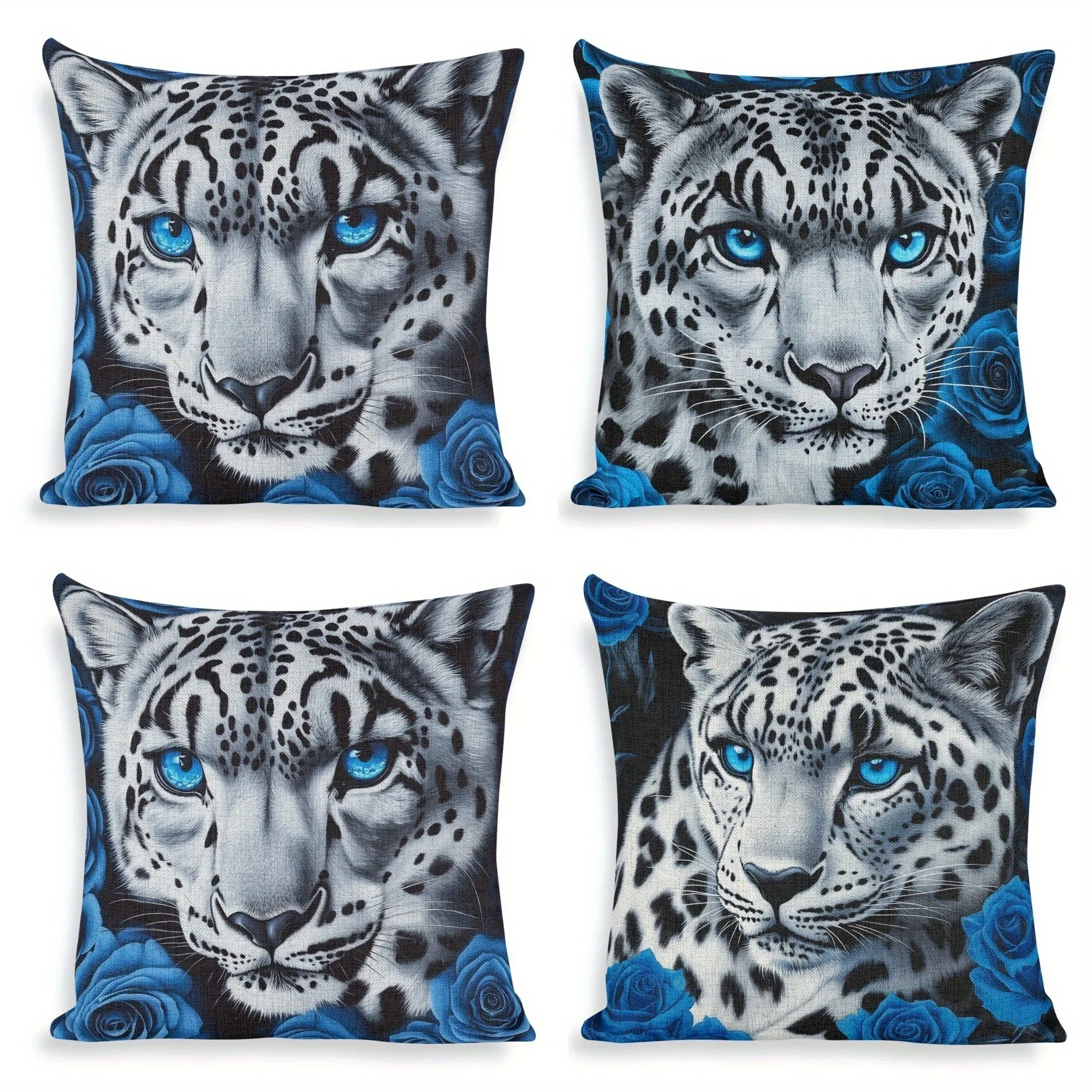 Leopard With Blue Eyes And Blue Roses Pillowcase Pattern Cushion Cover Suitable For Sofa Bedroom Car Pillow Cover