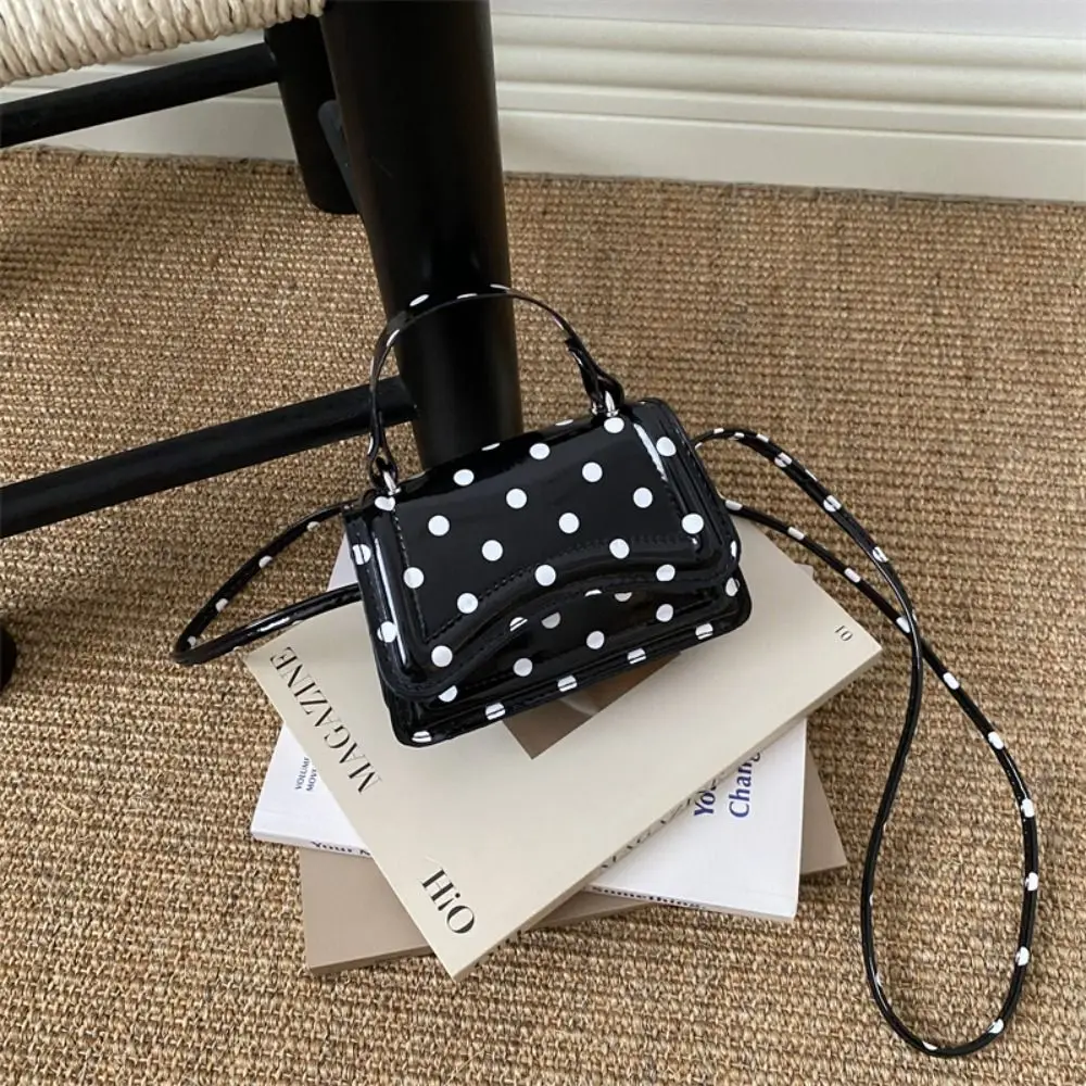 PU Mini Crossbody Bag Polka Dot Pattern Magnetic Snap Closure Square Purse Top Handle Detachable Shoulder Strap