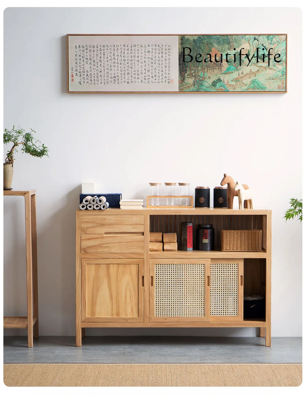 

Nordic New Chinese Style Solid Wood Sideboard Household Minimalist Storage Cabinet