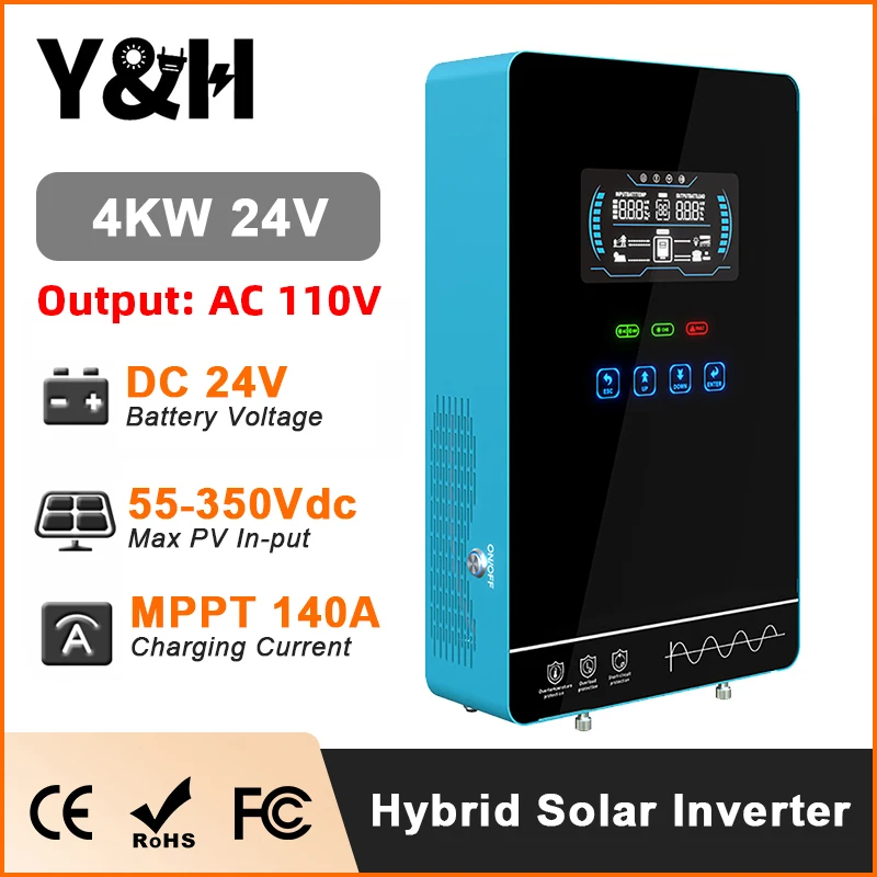 Y&H 4KW Hybrid Solar Inverter 24V 110V Pure Sine Wave Battery-Free Starting Built MPPT 140A Solar Charger Solar System BMS/WiFi