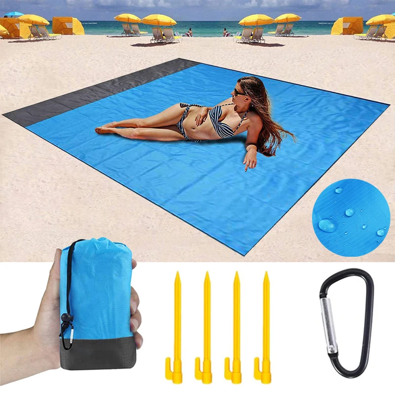 200x210CM Large Beach Mat Anti Sand-free Beach Towel Anti Sand Beach Blanket Pocket Picnic Wind Prevent 4 Anchor Sand Proof Mat