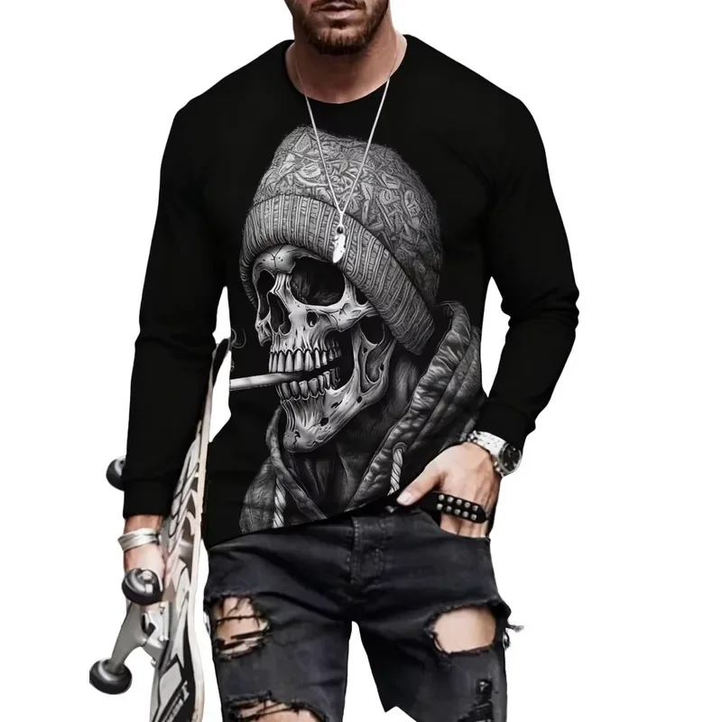 3D Long Sleeve Men's Skull Graphic T Shirt 2026 Skeleton 3D Print Streetwear Autumn O Neck Casual Y2K Oversize Top Men