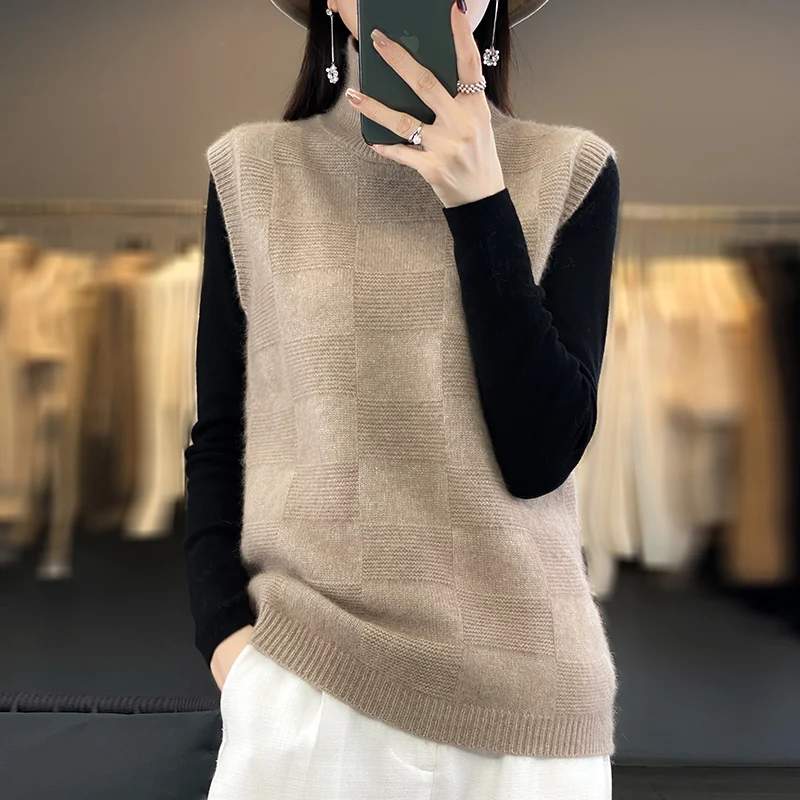 

ANGEL 100% Mink Cashmere Knitwear Waistcoat Autumn Winter Women's Turtleneck Cashmere Sleeveless Sweater Pullovers Thick Vest