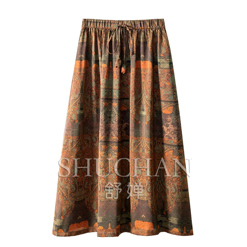 

Retro Art Sense, Bohemian Ethnic Style Print Elastic Waist A-shaped Skirt Women 05E1 Long Skirts for Women