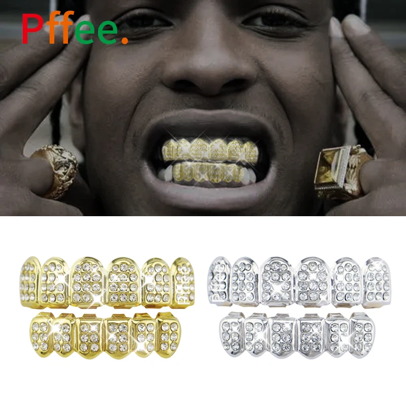 Pffee Hip Hop Teeth Grillz Rhinestones Silver 18K Gold Plated Tooth Rapper Jewelry Iced Out Grills For Men Women