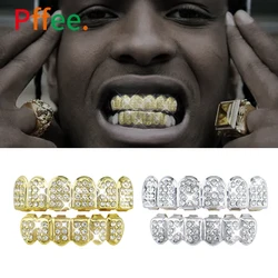 Pffee Hip Hop zęby Grillz cyrkonie srebrne 18K pozłacane ząb biżuteria raper oblodzone grille dla mężczyzn kobiet