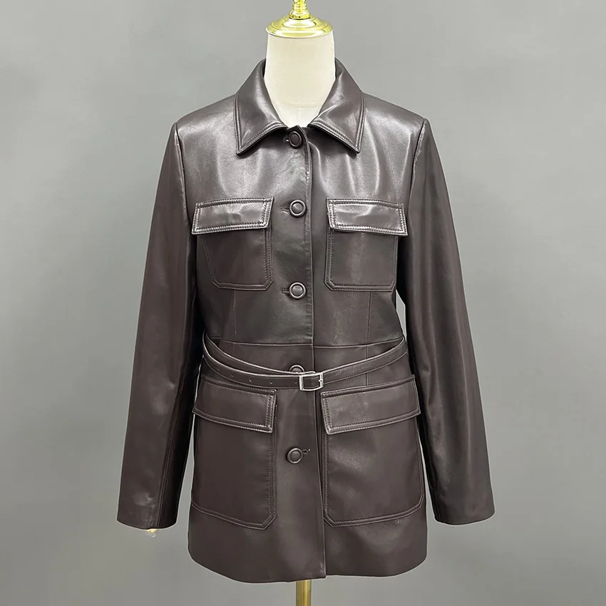 JANEFUR Women Genuine Leather Coat Office Ladies High Waist Retro Casual Sheepskin Medium Long Jacket Autumn Winter JFB6-25008