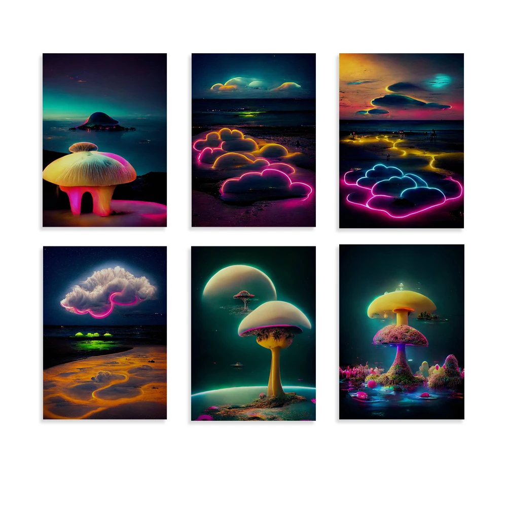 Aliens Inside Red Clouds Land On The Beach, Beach Wall Art, Neon Dreams, Psychedelic, Photorealistic