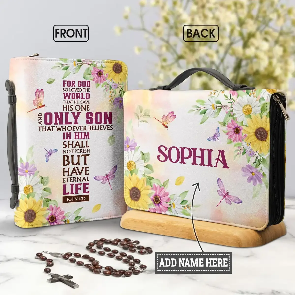 

Women's Personalized Bible Cover PU Leather Bible Bag Floral Bible Verse Printed PU Handbags for Ladies Book Holy Storage Boxes