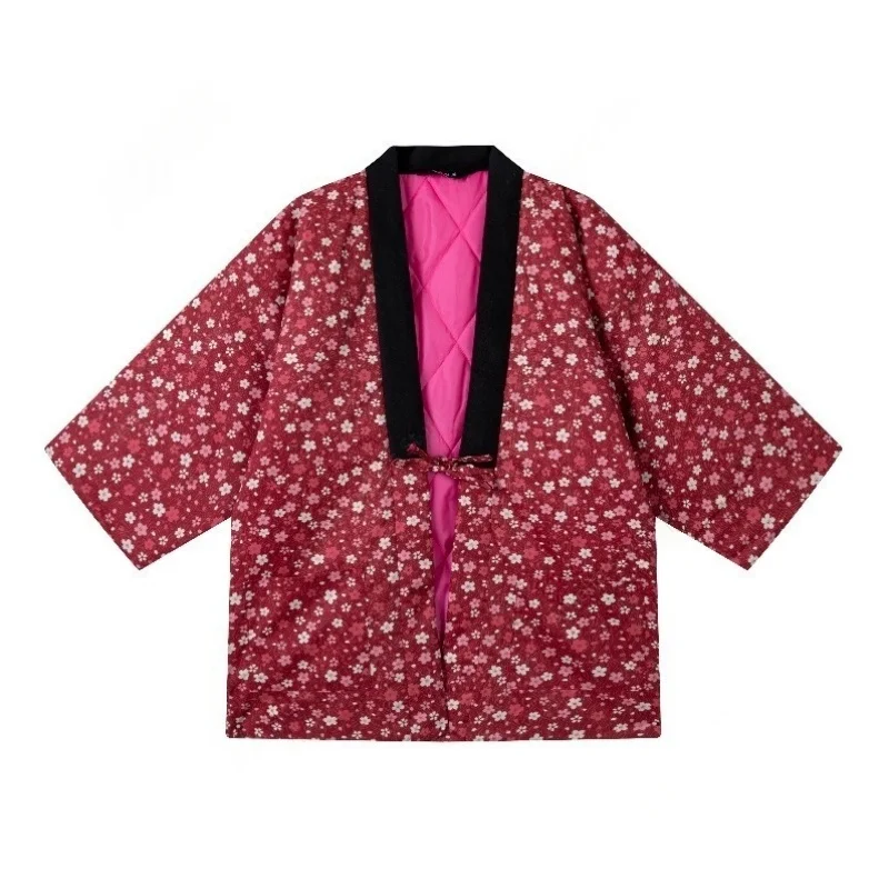 Hanten Jacket Women's Thick Padded Cotton Coat Japanese Kimono Autumn Winter Lightweight Warm Outwear Cherry Blossom Carp Print