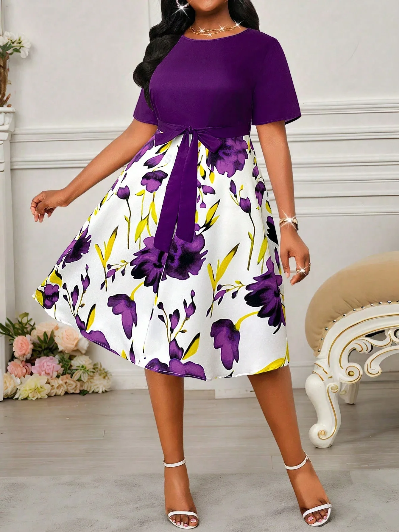 

Purple Floral Print A-Line Midi Dress With Belt Short Sleeve Round Neck Women Casual Elegant Office Dress