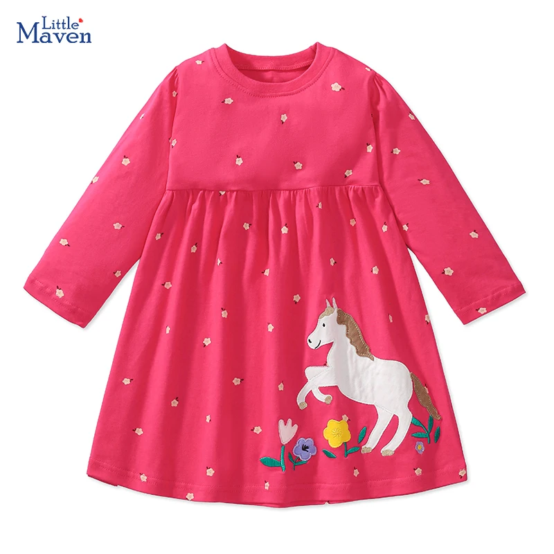 Little maven 2024 Autumn Kids Clothes Children\'s Clothing Cotton Baby Girls Cartoon Long Sleeves Unicorn Dresses 2-7 year