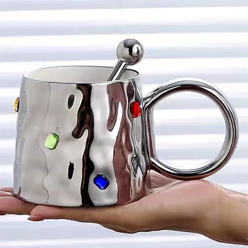 Galvanisch Versilberte Keramik-Kaffeetasse Luxuriöse Edelstein-Paartasse Büro-Teetasse Frühstücks-Milchbecher Geburtstagsgeschenk