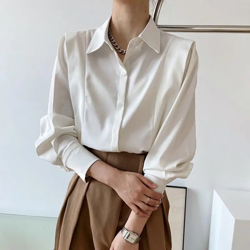 Vintage Satin Elegant Chic Office Lady Button Up Shirt Fashion Black White Long Sleeve Business Casual Blouses Tops Women Blusas