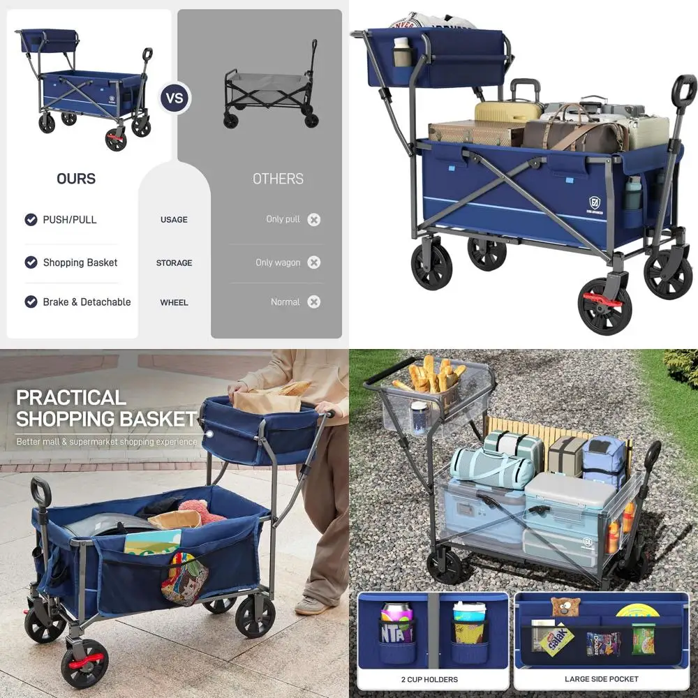 

Складная корзина для покупок с колесами, тормозами и корзиной для хранения продуктов, пляжа и кемпинга, синяя