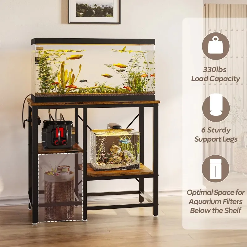 aquarium accessories Fish Tank Stand with Power Outlets,  Heavy Duty Metal Aquarium Stand Reversible Storage Shelf