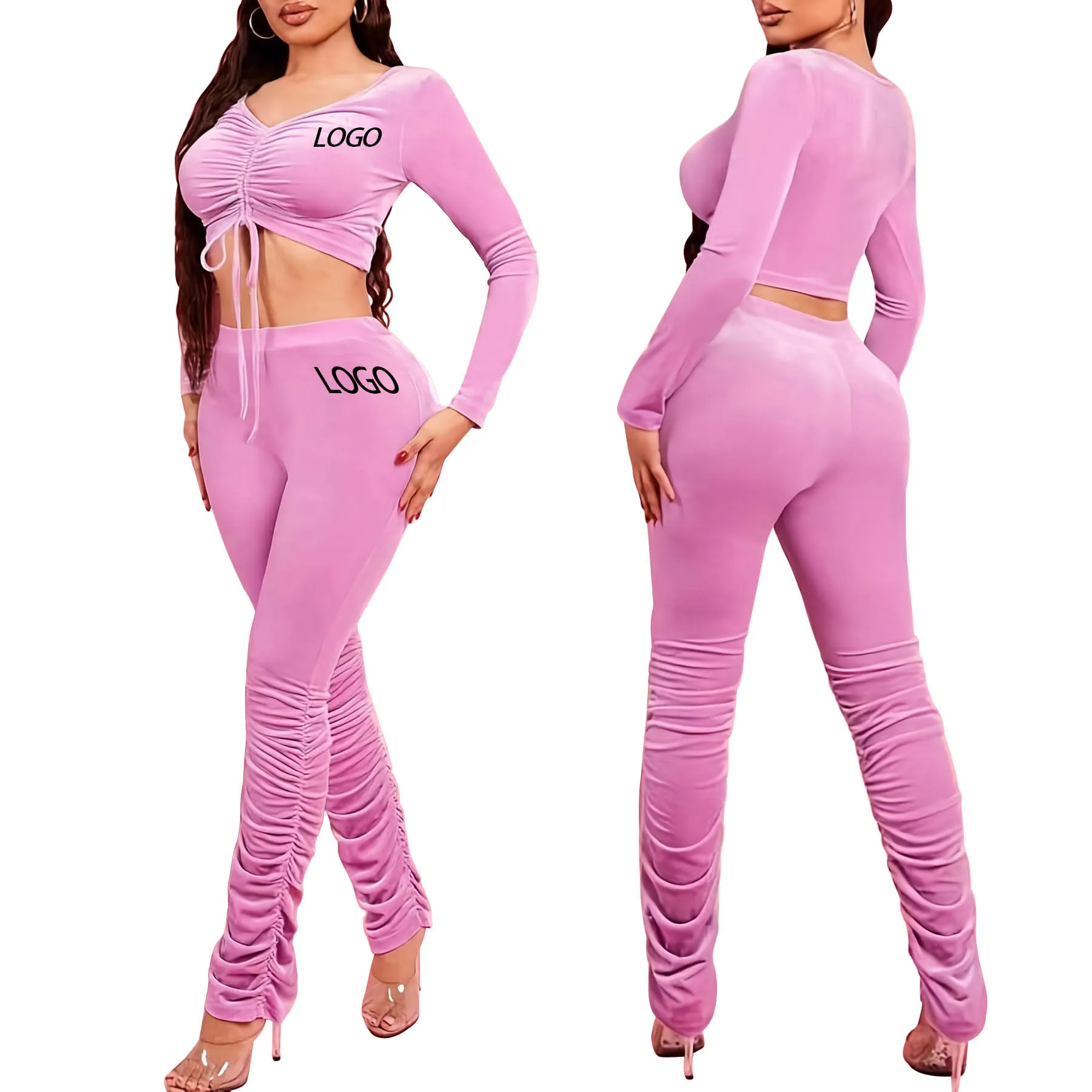 

Custom Fall Winter Woman Clothing Ladies Velvet Sweatsuit Women Sexy Two Piece Stacked pants set velour tracksuits outfit sets w