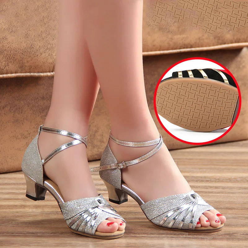 Modern Dance Shoes Women Ladies Sequin Glitter Open Toe Tango Shoes Ankle Strap Standard Waltz Ballroom Dancing Shoes 3.5/5.5cm