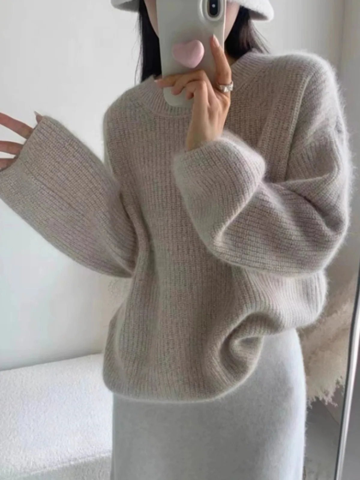 Foreign style with loose puffed sleeve cashmere sweater women\'s autumn winter round neck sweater knitted wool base shirt