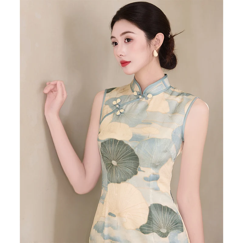 

Elegant Young Women's Dress Daily Wear Lotus Leaf Chinese Style Long Qipao Skirt Elegant Simple Daily Dress