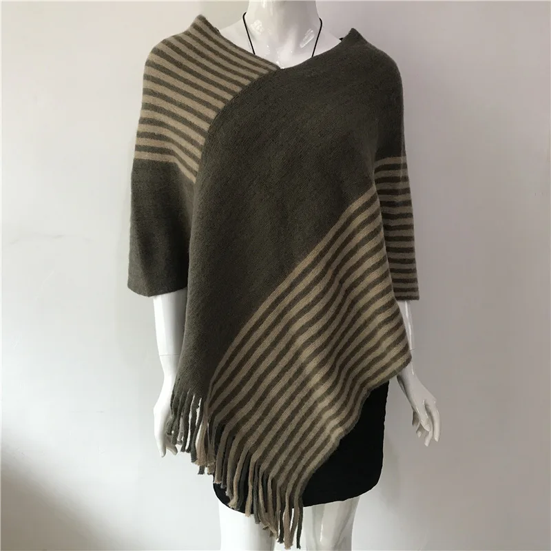 

2022 Spring Autumn New Loose Stripe Two-color Contrast Tassel Pullover Cloak Shawl Women Sweater Kitting Poncho Cape Khaki