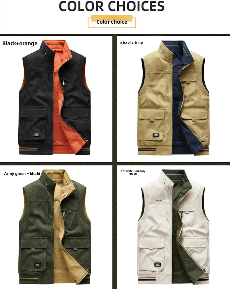 Double-sided vest for men multi-pocketed blazer-style jacket pure cotton casual pullover spring-autumn casual shirt-style vest