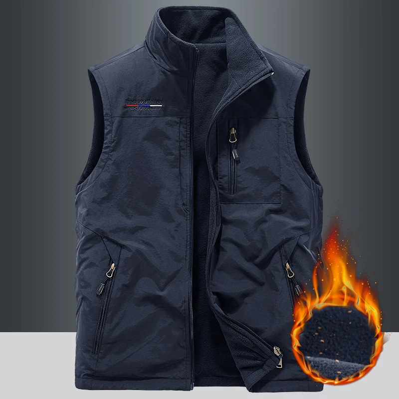 

2sided Dressing Men Warm Fleece Vest Men's Winter Plush Outdoors Casual Pocket Vest Standing Neck Zipper Sleeveless Coat Jacket