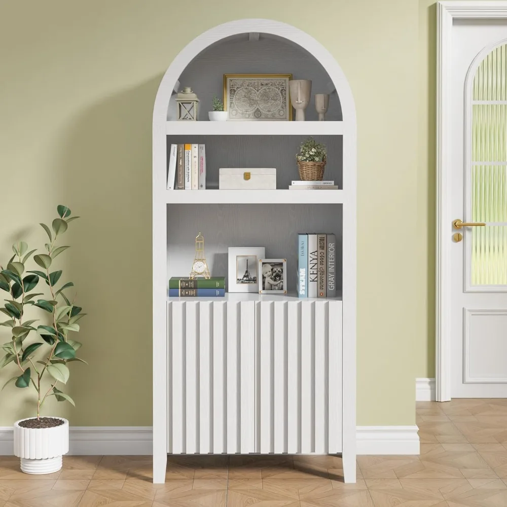 

"71 Inch Tall 5-Tier Arched Cabinet with Doored Storage and Open Shelf for Living Room"