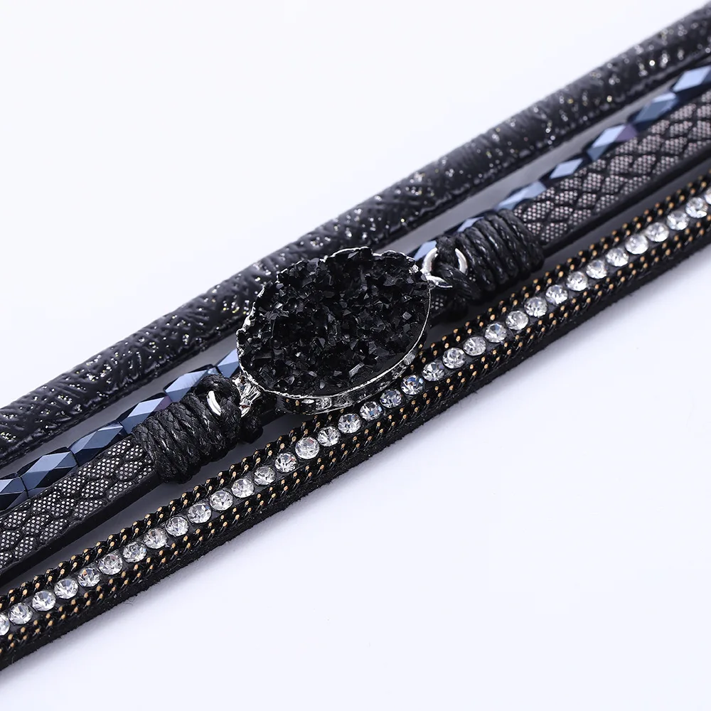 البوهيمي متعدد الطبقات جلدية التفاف سوار للنساء كريستال حجر حلية ريترو معصمه أساور أنثى موضة مجوهرات الحفلات