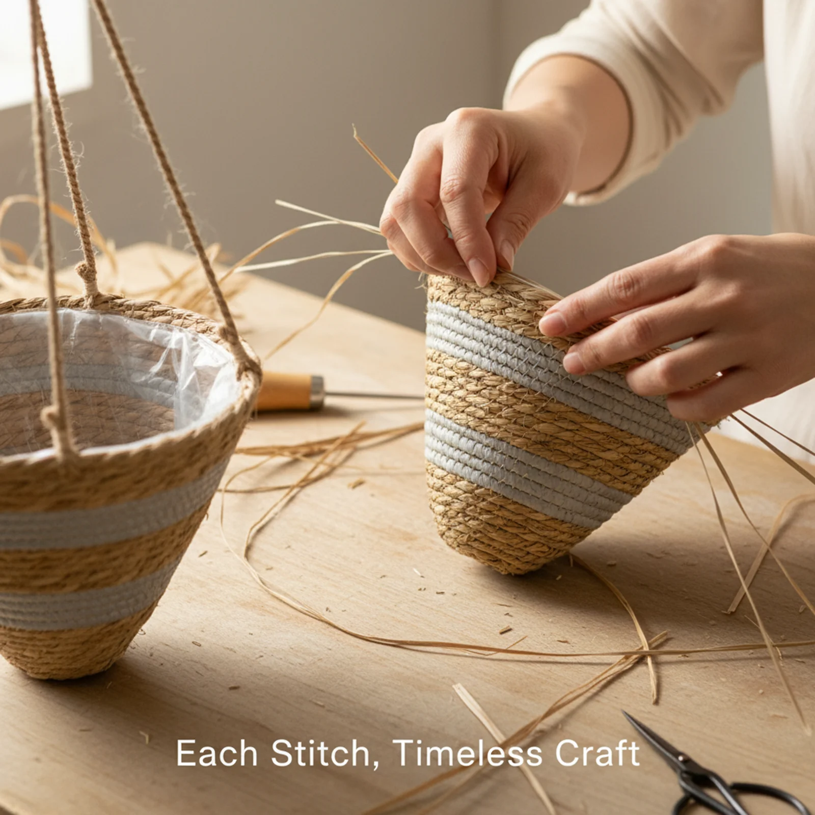 سلال معلقة من القش، سلال زهور منسوجة بحبل القنب، سلال الروطان المنسوجة، سلة زراعة معلقة، نباتات الأوركيد المعلقة #3