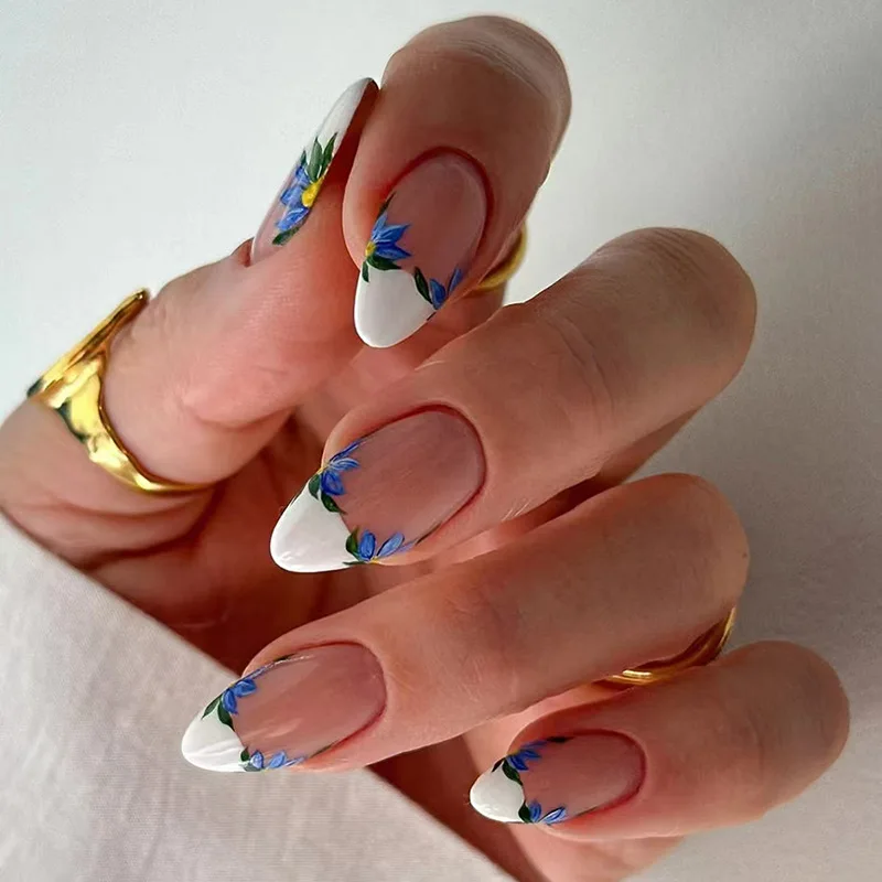 24Pcs Acrylic Round Head Fake Nail Tips Reusable Blue French False Nails Set Simple Almond Oval Full Cover Press on Nails