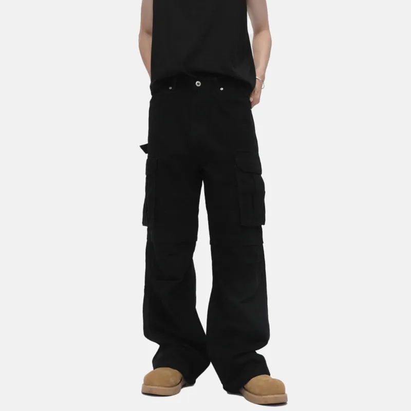 

SYUHGFA American Style Cotton Cargo Pants Pocket Decoration 2025 Autumn Men Clothing Pleated Male Overalls New Straight Jeans