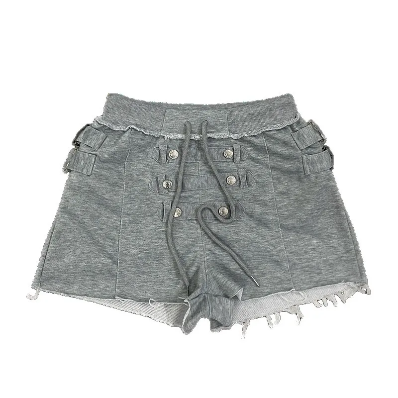 Summer American Hot Girl Low Waist Breasted Drawstring Street Hip Design Shorts Solid Color Women