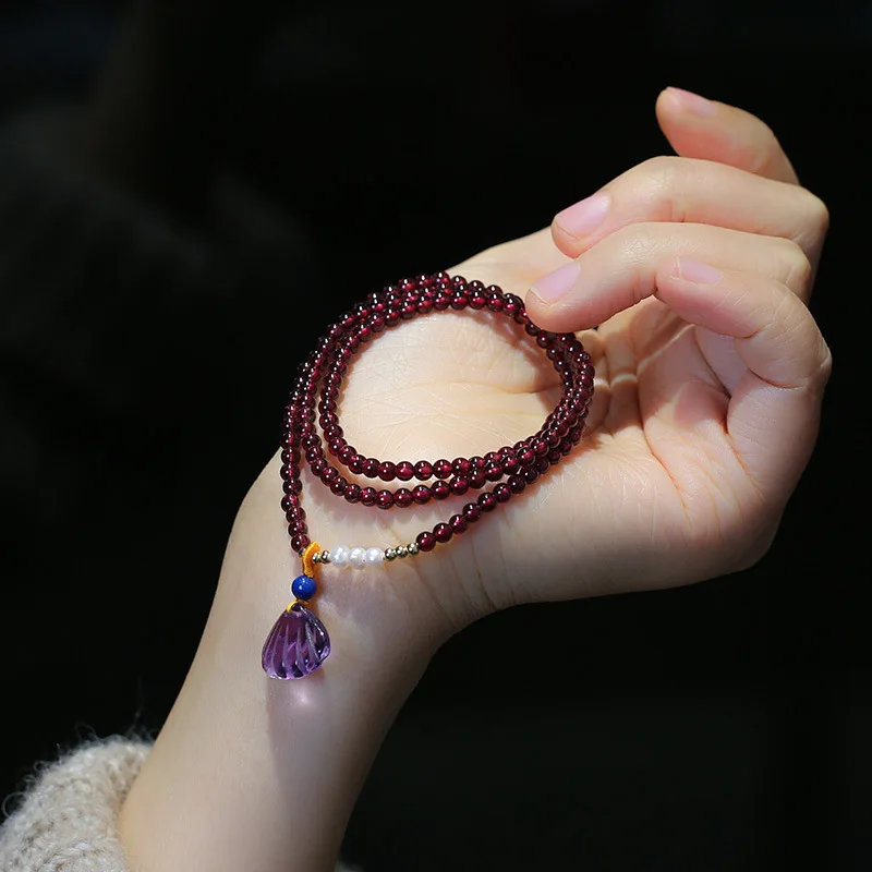 Natural Purple Garnet Bracelet Three Layers Purple Garnet Amethyst Shell Bracelet for Women Fashion Elegant Jewelry Gifts