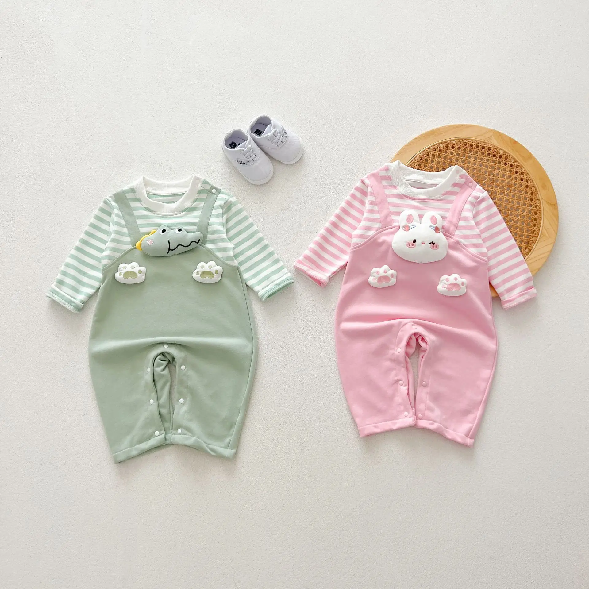 Autumn Baby Girls Fake 2PCS Romper Striped Spliced Cartoon Cotton Infant Girls Jumpsuit Casual Cute Toddler Girls Outfits