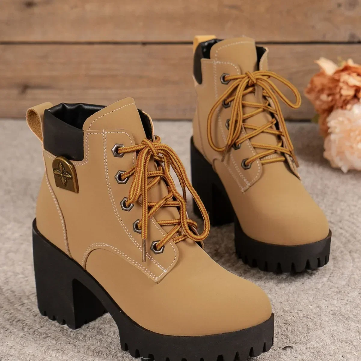 Women Retro Round Toe Chunky Heels Ankle Boots Autumn New High Heels Shoes Woman Lace Up Platform Short Booties Big Size 42