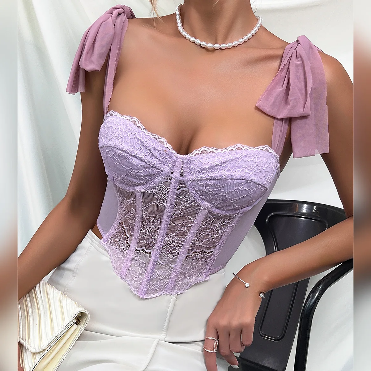 Bowknot Crop Corset Purple Lace-up Bustier Summer Sexy Mesh Halter Lingerie Tank Tops Women\'s Clothes Caims Streetwear Slim Vest