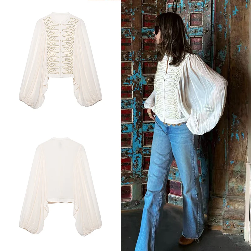 Guobioziy 2026 Fall Winter Womens Cream Vintage Top Round Neck Gold Braided Detail Loose Bubble Sleeve Casual Blouse