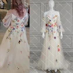 Robe de Mariée en Tulle à Manches Demi-Bouffantes, Broderie de Fleurs 3D, pour les Patients, Dos aux, Grande Taille, Personnalisée, Fleur Froncée, Colorée