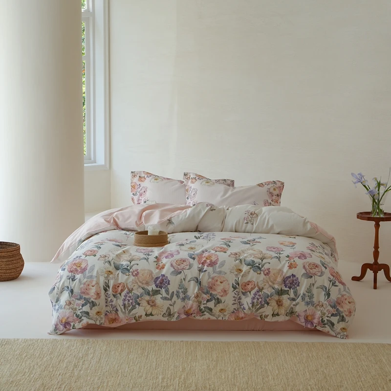 100% Cotton Waffle Watercolor Floral Print Bedding Set Duvet Cover Bed Sheet/Fitted Sheet Pillowcases Double Queen King Size