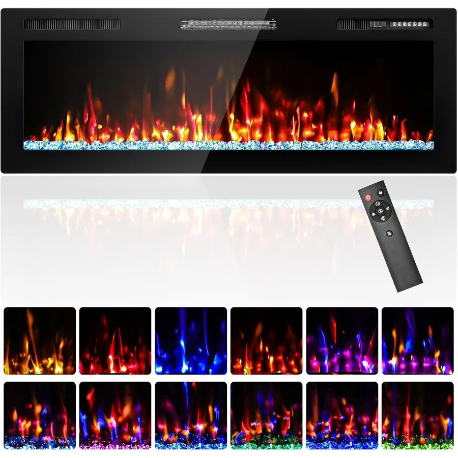 

50 Electric Fireplace Recessed Wall Mounted Wide Screen Ultra Narrow Bezel Frame HD Flame Effect Crystal Fuel Bed Modern Fire P