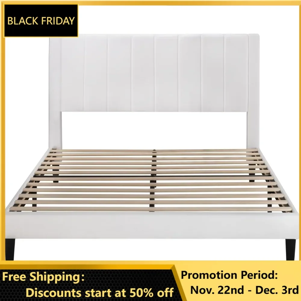 Bed Frame/Velvet Upholstered Bed Frame with Vertical Channel Tufted Headboard/Strong Wooden Slats/Platform Bed Frame Foundation