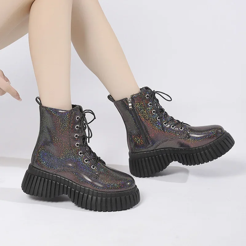 Korean Fashion Sparkling Sequin Lace Up Boots Wedge Thick Soled Shoes Autumn Winter Woman Warm Platforms Ankle Boots