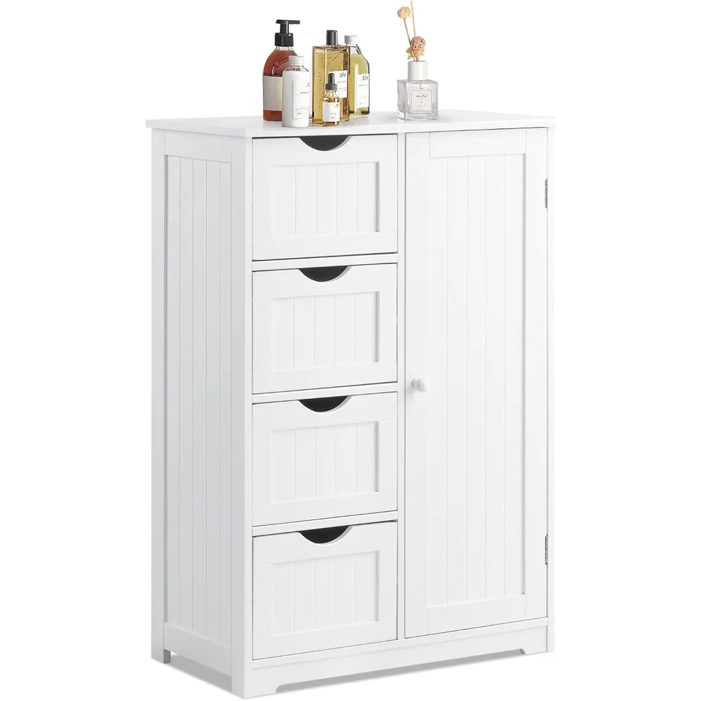 

Bathroom Storage Cabinet, Wooden Storage Cupboard Organizer with 4 Drawers & Adjustable Shelf, Modern Floor Cabinet for Living